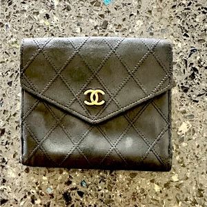 Chanel Diamond-Stitch Double Logo Calfskin Wallet